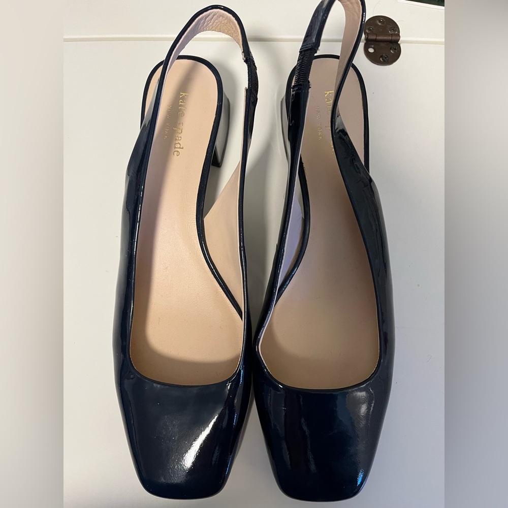 NWT Kate Spade navy patent leather square toe sling back heels, size 11